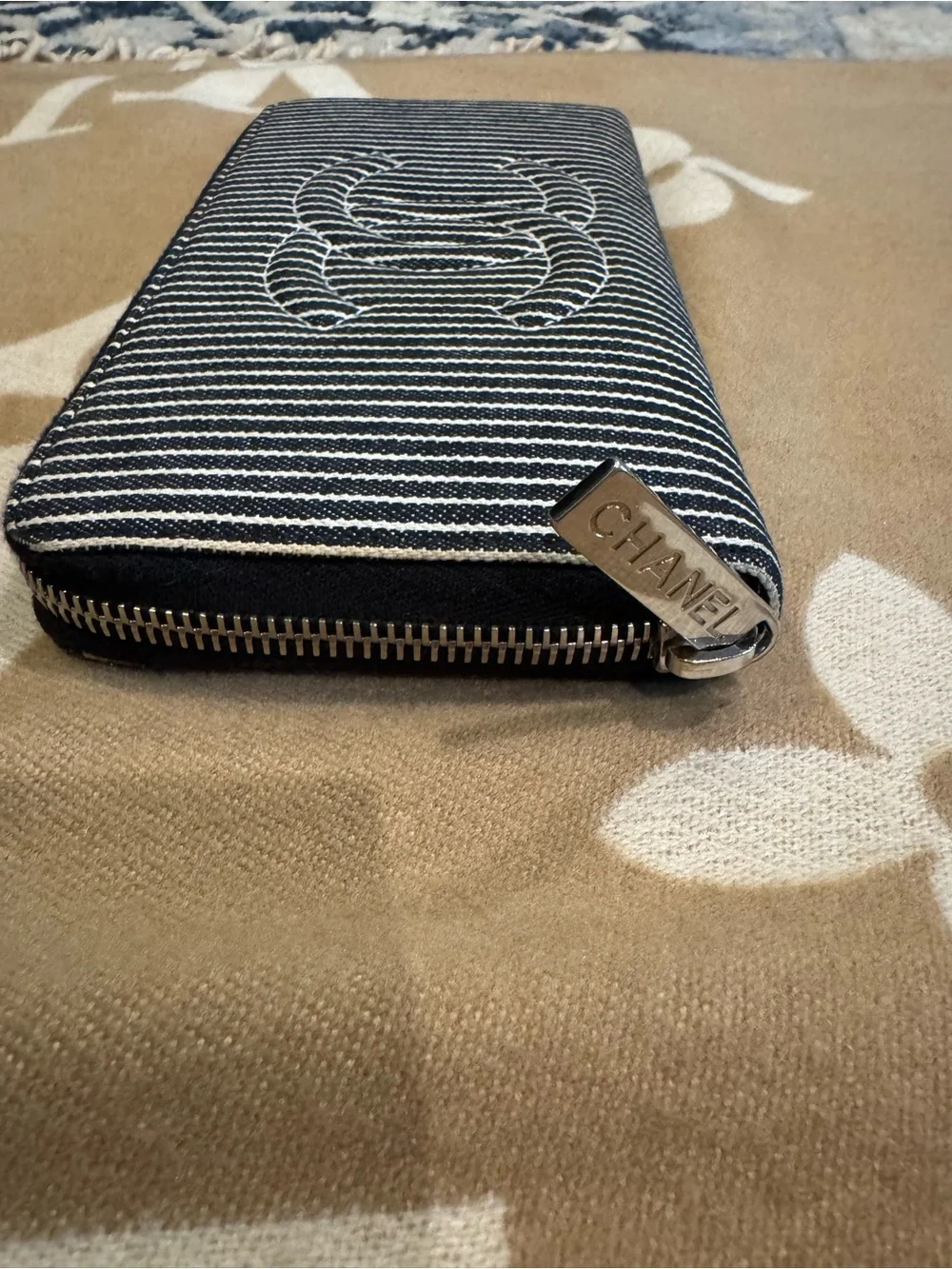 CHANEL Navy & White Striped CC Zip Wallet